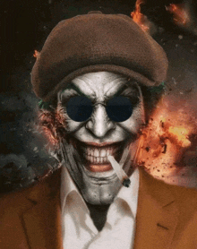 a joker smoking a cigarette and wearing a hat and sunglasses