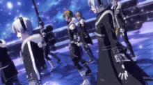 a group of anime characters wearing headphones and a coat with the letter o on it