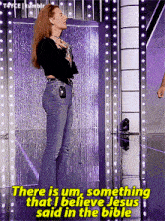 a woman says there is um something that i believe jesus said in the bible while standing in front of a wall of lights