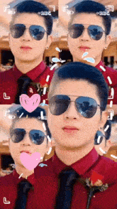 a man wearing sunglasses and a red shirt has a heart in his mouth