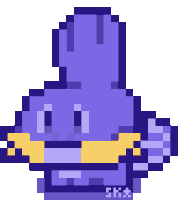 a pixel art of a purple rabbit with a yellow scarf around its mouth .