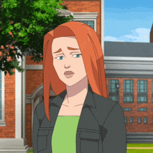 a cartoon character with red hair and a green shirt stands in front of a brick building