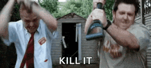 two men are standing next to each other in front of a shed holding a hammer and a drill and screaming .