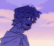 a drawing of a man with a beard and a cape against a cloudy sky