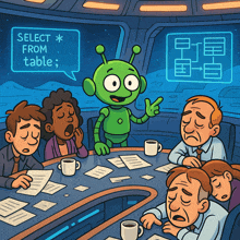 a cartoon illustration of a group of people sitting around a table with a robot talking about select from table