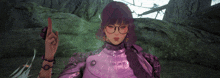 a girl with purple hair and glasses holds her hand up