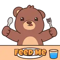 a teddy bear is holding a spoon and fork and says feed me