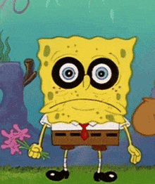 a cartoon of spongebob holding flowers and wearing glasses