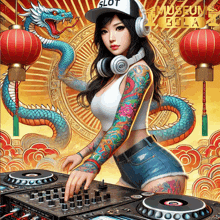 a woman with headphones and a hat that says slot
