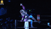 a woman in a purple and blue outfit is pointing