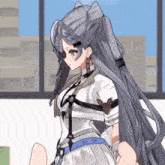a drawing of a girl with long grey hair and a mouse on her shoulder