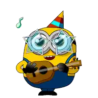 a cartoon minion wearing sunglasses and a party hat plays a guitar