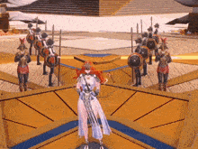 a woman with red hair is standing in front of a group of soldiers with shields