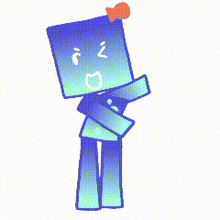 a cartoon drawing of a blue robot with a red hat