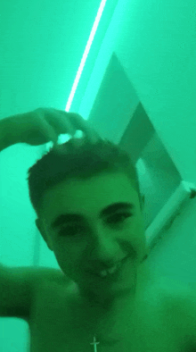 a shirtless young man with a cross necklace is smiling in a green room