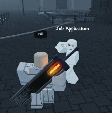 a person holding a sword in a video game with the word job application on the bottom