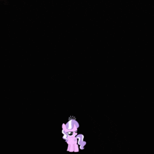 a cartoon pony wearing a tiara is standing in front of a brick wall