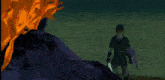 a video game character is standing in front of a volcano