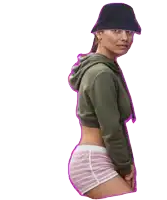 a woman wearing a green hoodie and pink striped shorts has a smoke coming out of her butt