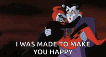 the joker is holding harley quinn in his arms and they are dancing .