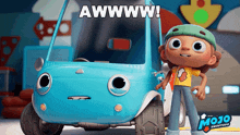 an ad for mojo shoptops shows a blue toy car and a boy