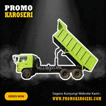 an ad for a dump truck says promo karoseri on it