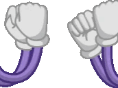 a pair of cartoon hands with white gloves on purple arms .