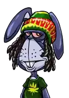 a cartoon rabbit wearing a rasta hat and a marijuana shirt
