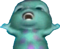 a blue cartoon character with its mouth open and arms outstretched
