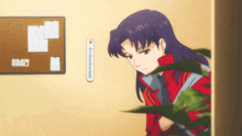 a woman in a red jacket is standing next to a thermometer
