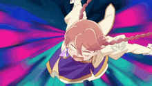 a cartoon character is flying through the air with a purple and blue background