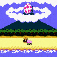 a pixel art scene with a pink egg in the sky above a person