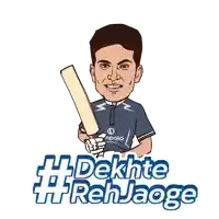 a cartoon of a man holding a cricket bat with the words #dekhte #rehjaoge below him