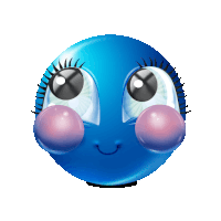 a blue smiley face with pink bubbles on its eyes