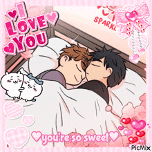 a cartoon of two men sleeping with the words " i love you " on top