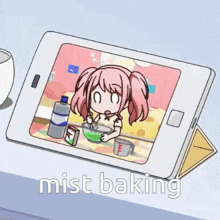 a tablet with a picture of a girl and the words " mist baking " on it