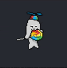 a pixel art drawing of a ghost with a propeller hat holding a lollipop .