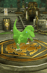 a green dinosaur is standing on a circle with a gold emblem on it