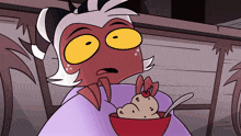 a cartoon character is holding a bowl of ice cream