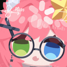 a drawing of a girl with pink hair and glasses has the letters pz ( o ) written on it