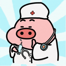 a cartoon pig is dressed as a nurse and holding a syringe