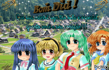 a group of anime girls standing next to each other with the words bom dia written in the background