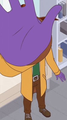 a cartoon character with a purple hand on his head