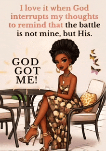 a cartoon of a woman sitting at a table with a quote that says " god got me "
