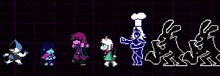 a group of pixel art characters standing next to each other on a grid background .