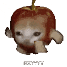 a pixel art of a cat wearing an apple hat
