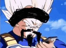a cartoon character with a mustache is holding a cell phone in his hand .