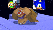 a video game character covering his eyes with his hands while a link and sonic are behind him