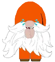a cartoon gnome with a white beard is crying with tears coming out of his eyes