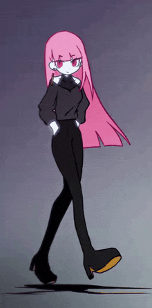 a drawing of a girl with long pink hair and black pants